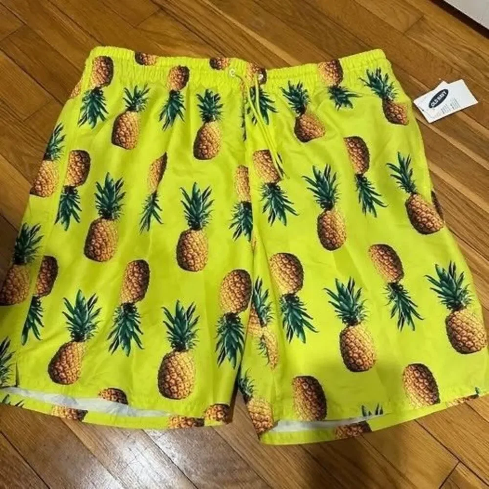 Old Navy Men's Large Pineapple Print Swim Trunks Mesh Liner 40+ UV New with NWT